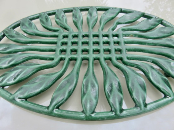 Image 1 of Large oval green enameled cast iron trivet, France, 1960s