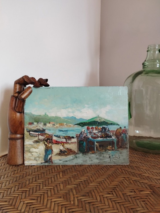 Image 1 of Small painting signed Guglielmo Curti. Oil on panel. Port market.