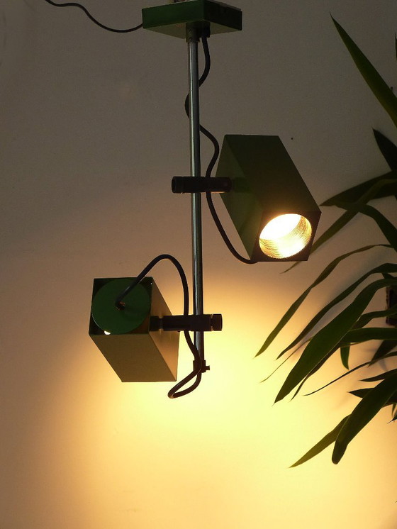 Suspension vintage, plafonnier, 2 spots, ampoule Philips NPD 69, verte – Metal (photo 7 of 9)