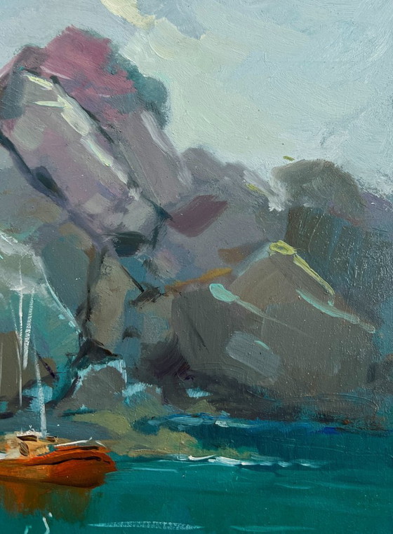 Image 1 of Original Oil Painting Rock Landscape The sea washes the mountains