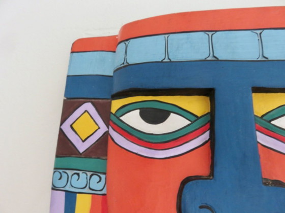 Image 1 of Masque aztèque « Laurel Burch », maya, bois peint à la main, pop art, 1980
