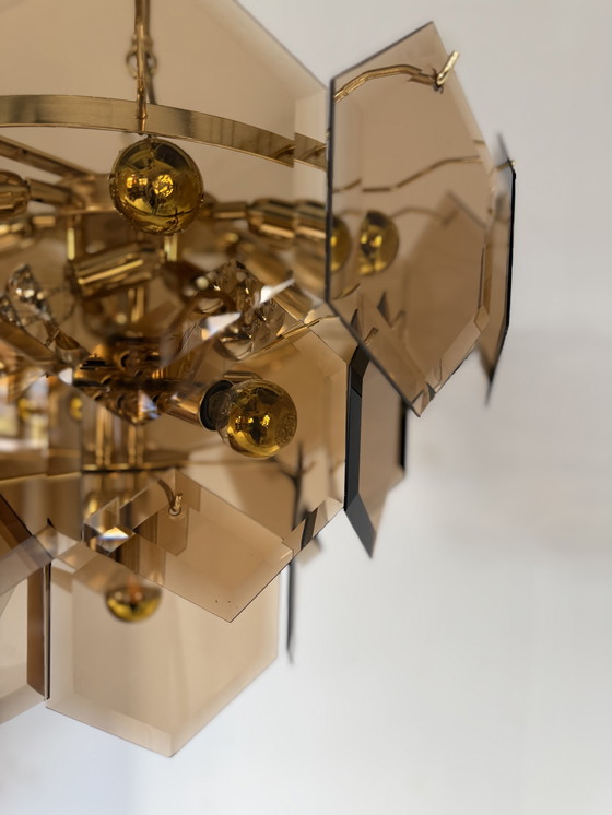 Image 1 of Vintage hexagon rookglazen kroonluchter, Italië ‘70