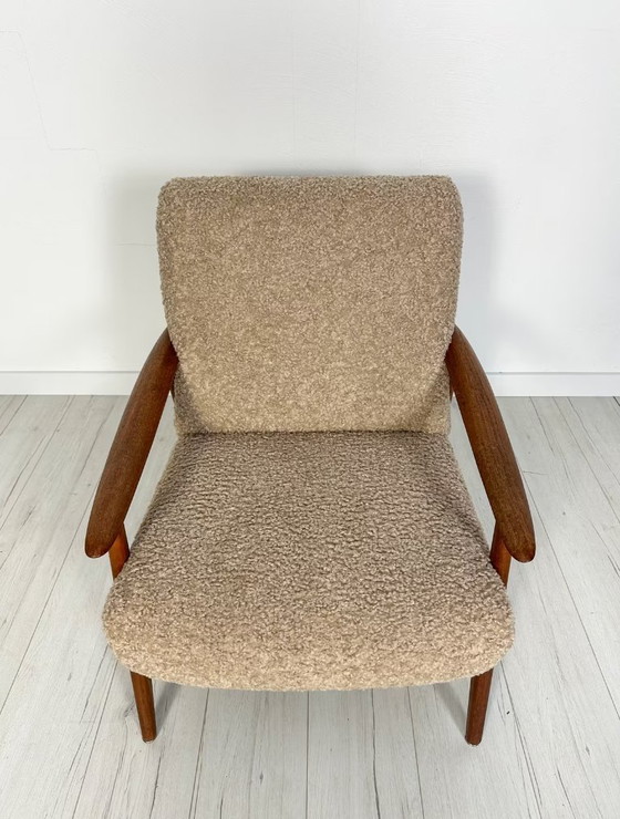 Image 1 of Vintage Minimalistic Teak Armchair with Bouclé 60s 70s