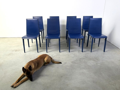 Blauwe leren eetkamerstoelen van Fasem, jaren 80 - Set van 8
