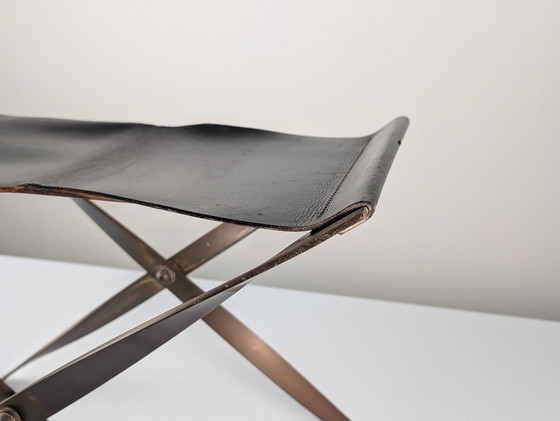 Image 1 of Folding Steel and Leather Stool, Denmark 1960s