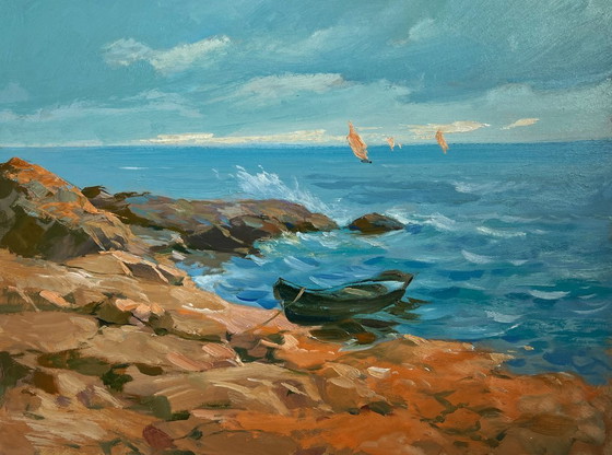 Image 1 of Pintura al óleo original: Paisaje costero marino con un velero en el horizonte.