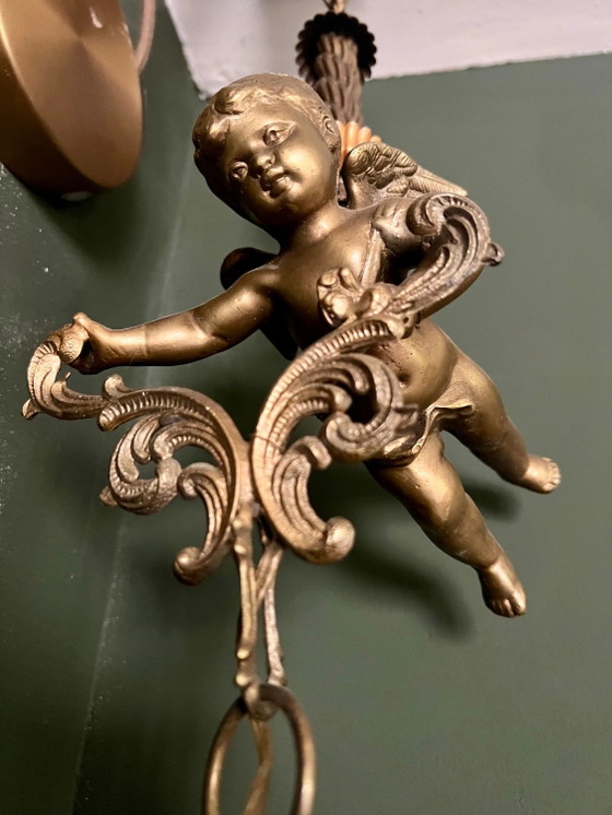 Originele Art Nouveau Lamp met vliegende bronzen cherubijn en kristalglas, circa 1915. Vintage Bronzen Engel (photo 7 of 10)