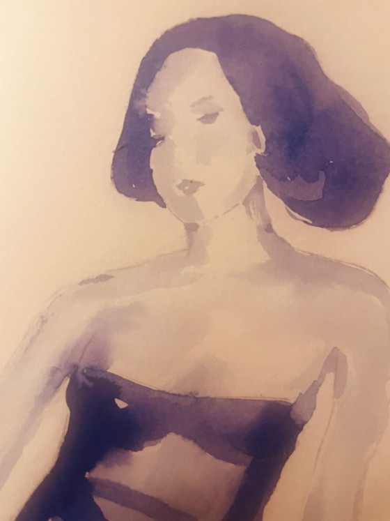Tableau signé portrait féminin « robe de soirée bleue nuit » – Peintures et dessins, Papier (photo 5 of 10)
