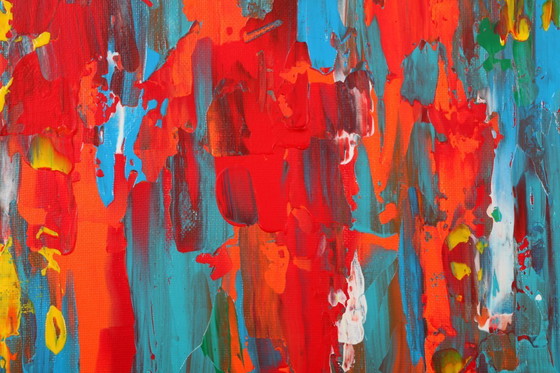 Image 1 of Abstract Red, Orange and Blue original painting on stretched canvas