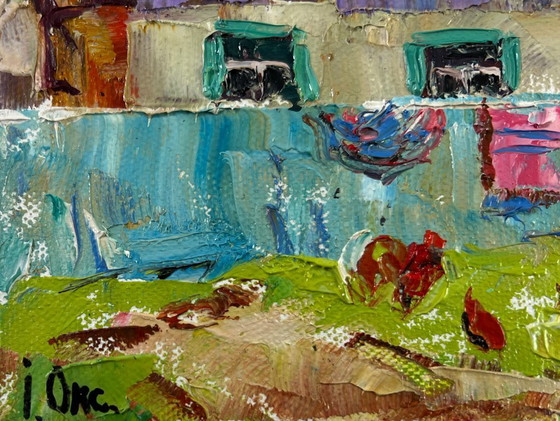 Image 1 of Original Oil Painting Autumn Village Landscape Yard in Sunset Light