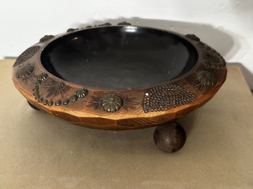 Vide Poche Tripode en Bois Sculpté ornements Metal - Mi-XX e siècle 