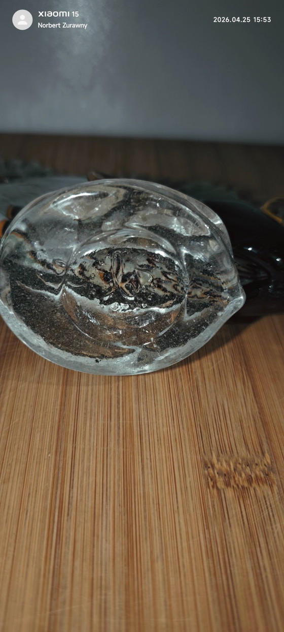 Image 1 of Figurine de poisson vintage en verre soufflé à la bouche — Style Murano — Vert/Ambre avec des nageoires ridées remarquables
