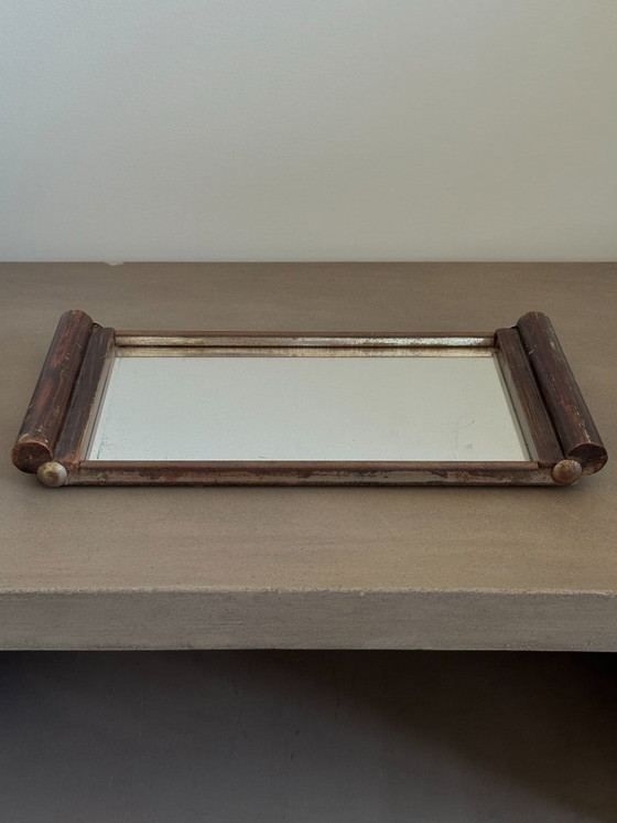 Image 1 of Vassoio specchiato, legno e metallo brutalista, non firmato