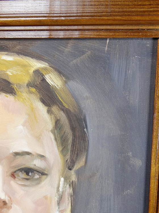Image 1 of Vintage portrait "The Woman in Green", oil on canvas board, wooden frame