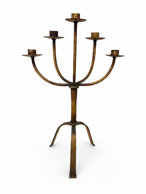 Grand candélabre brutaliste à 5 bras en fer doré, style milieu du XXe siècle (55 cm)