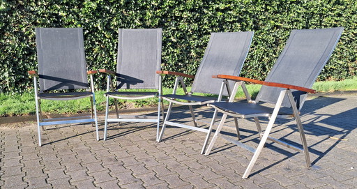 4 Bernstein Furniture Chaises pliantes en acier inoxydable/teck/textile