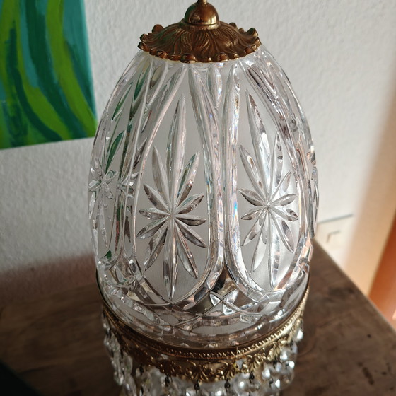 Image 1 of Vintage Crystal Table Lamp with Cherub – Heavy Cut Glass – Hollywood Regency Style