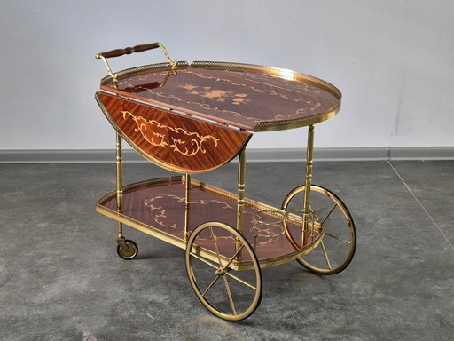 Serving Drink Bar Cart Trolley with side flaps, marquetry inlays, 1970s.