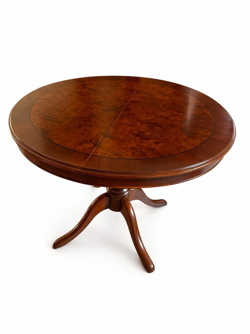 Vintage Extendable Round Dining Table in Burl Walnut Veneer, ca. 1930