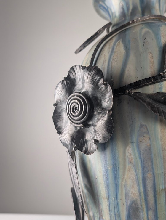 Image 1 of Vaso in gres e ferro battuto Art Déco belga Roger Guérin, anni '30