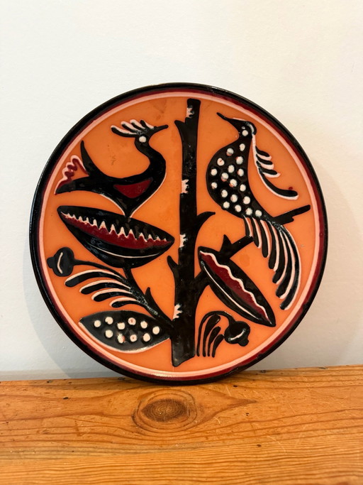 Large decorative ceramic enameled plate / dish in the style of Jean
Lurçat vintage 60s