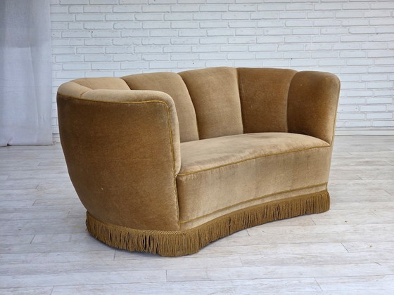 Image 1 of 1960s, Danish "Banana" 2-seater sofa, green furniture velour, oak wood.