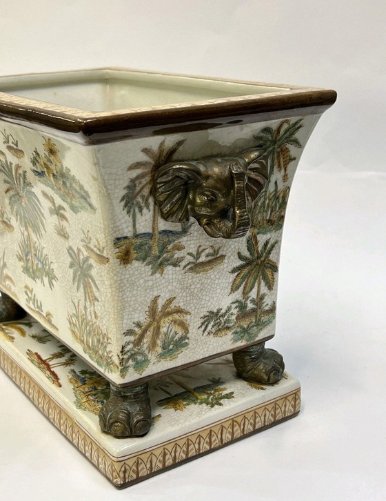 Image 1 of Vaso da fiori in ceramica vintage, dipinto con una testa di elefante in bronzo, H: 21 cm