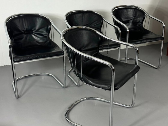Quatre Chaises Cantilever, Noires, Fasem, Chaises de salle à manger, Cuir, Chrome, Vintage (photo 4 sur 11)