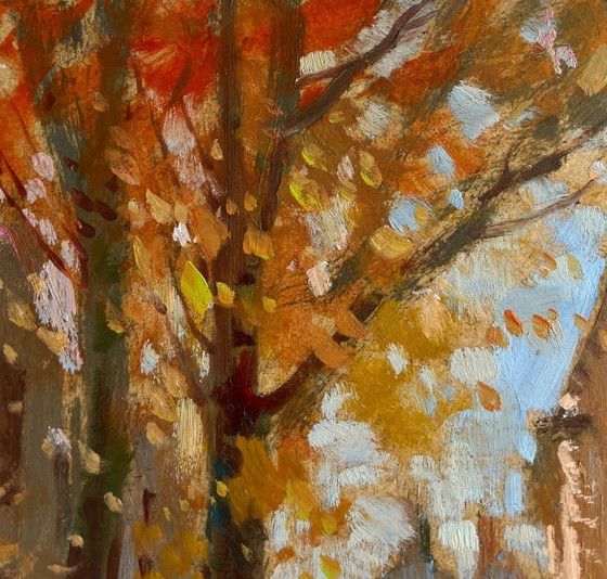 Image 1 of Original Oil Painting Autumn City Landscape Streets in autumn leaves