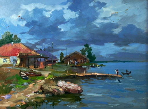 Peinture à l'huile originale : Paysage rural, maisons de village près de la rivière