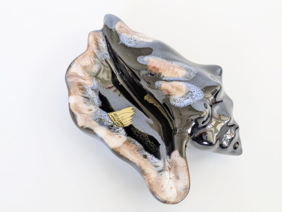 Image 1 of 1960s Vallauris Style Seashell Dish, Midcentury Fat Lava Glaze, Black and Blue