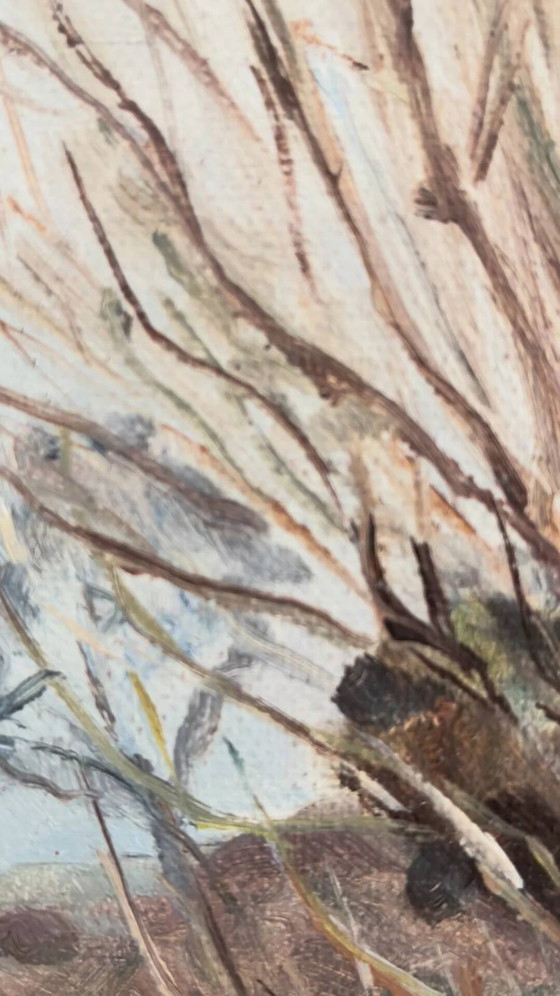 Image 1 of Peinture à l'huile originale ancienne représentant un paysage de campagne, signée.