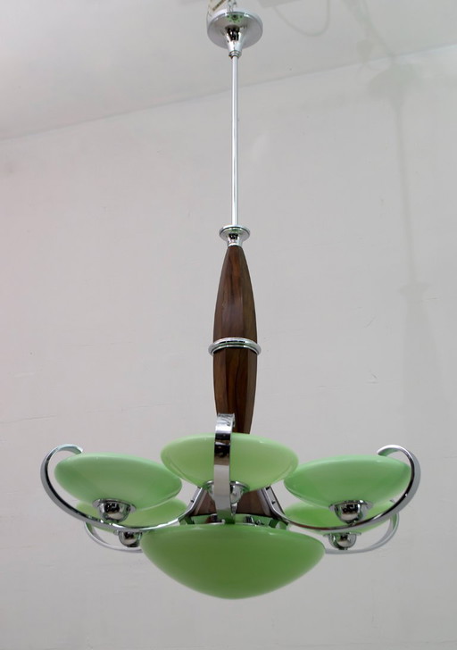 Art Deco Italian Chrome and "Incamiciato" Glass Chandelier, 1930s