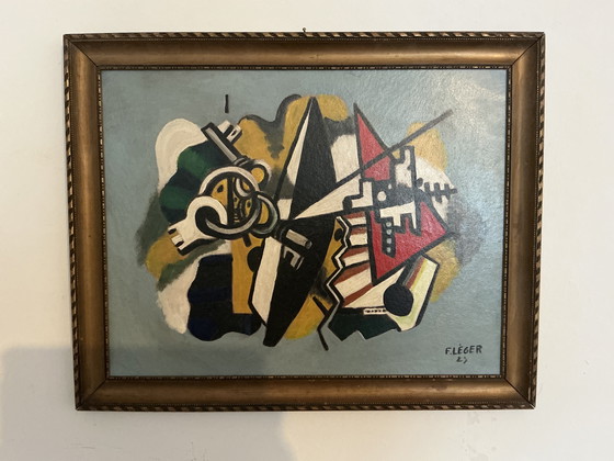 Image 1 of Abstract geometrisch schilderij – gesigneerd – olieverf op paneel met vintage lijst