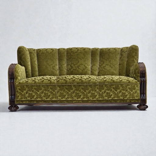 1960s, Danish 3-seater sofa, furniture velour, carved oak wood.