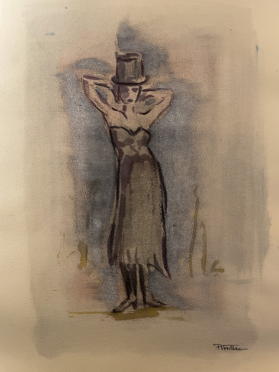 Image 1 of Fashion Sketch Portrait Woman "Haut de Forme