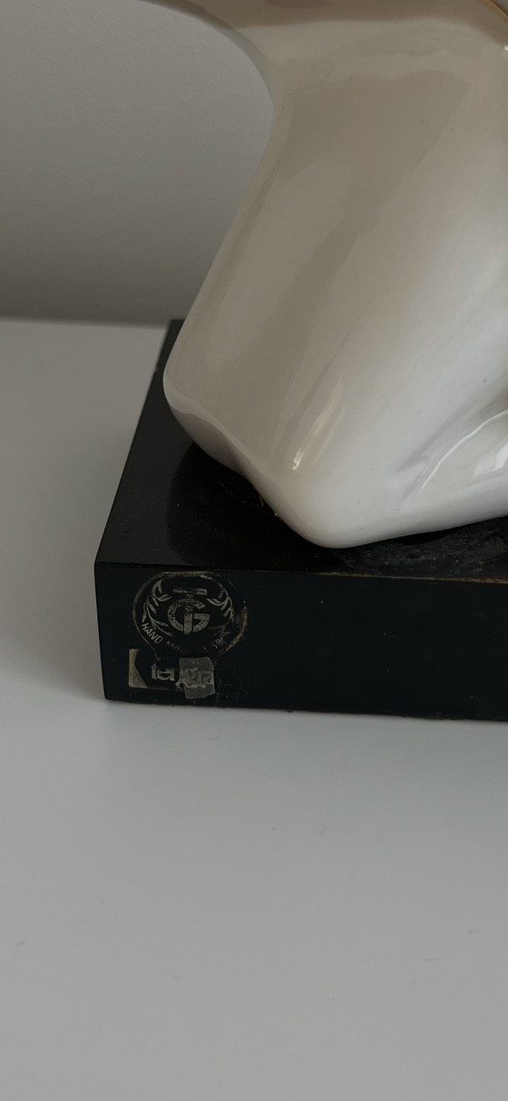 Große Tengra Porzellan Skulptur – Art Deco Tänzerin Irisierender Perlmutt & Gold Fächer 35cm (Perfekter (photo 7 of 7)
