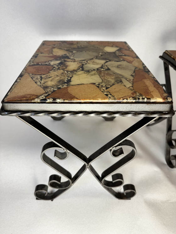 Image 1 of Set of 2 vintage mosaic tables + additional wrought iron base