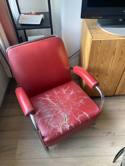 Gelderland Brand Red Leather Lounge Chair und Green Leather Sofa zu verkaufen