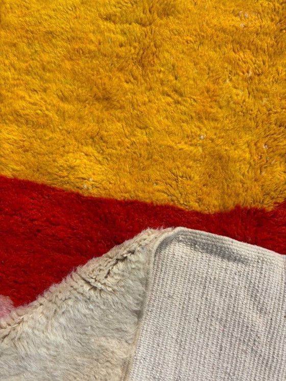Image 1 of Red Pink Yellow Moroccan Rug | Abstract Beni Ourain Carpet | Handmade Berber Wool Decor | Plush Contemporary Area Rug
