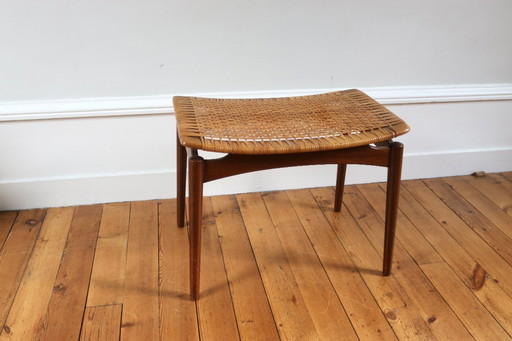 Vintage Scandinavian teak and wicker stool/footrest, 1960s Omann