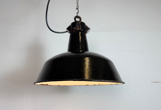 Image 1 of Industrial Black Enamel Factory Lamp with Cast Iron Top, 1950s