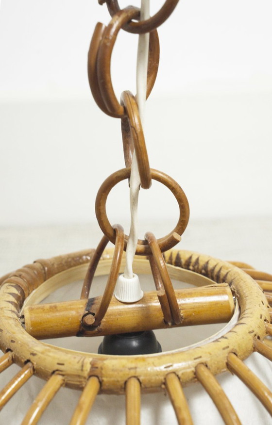 Image 1 of Vintage Rattan Bell Pendant Lamp, Louis Sognot Style Cane Ceiling Light, French Riviera Mediterranean Decor