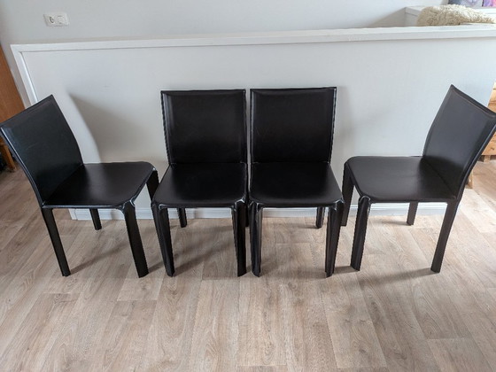 4 vintage Arper Italiaanse eetkamerstoelen uit de jaren 80/90, bekleed met zwart hard leer (in de stijl van (photo 13 of 22)