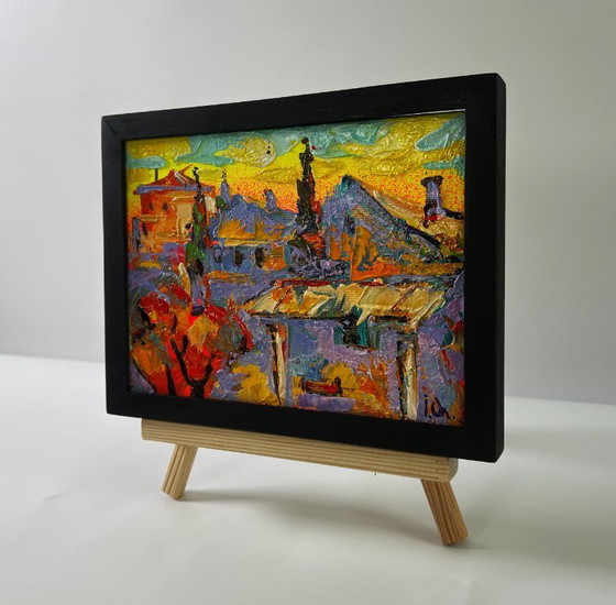 Image 1 of Original Oil Painting Sunset Sky Landscape Evening Over The City