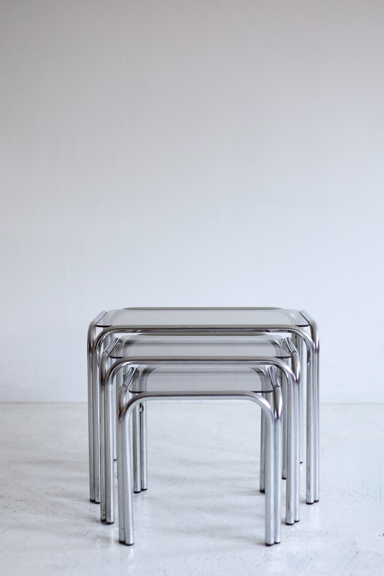 Set of Three Vintage Nesting Side tables Chrome/Smoked Glass (photo 2 of 6)
