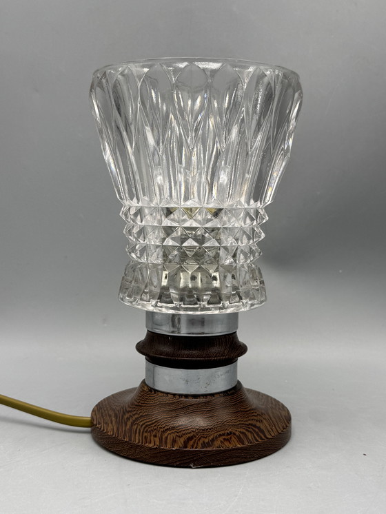 Image 1 of Mid-Century Table Lamp with Cut Glass Shade and Wooden Base – Vintage Design Lighting