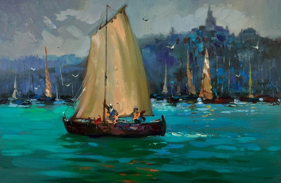 Image 1 of Original Oil Painting Gloomy City Landscape Fishermen greet the dawn at sea