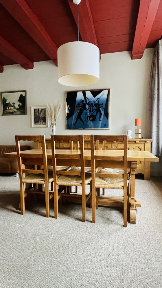 Brutalist Set, Solid Oak Sideboard, Cabinet, Dining Table, 6 Chairs, Hand Carved Priest Mission Style (photo 13 of 15)