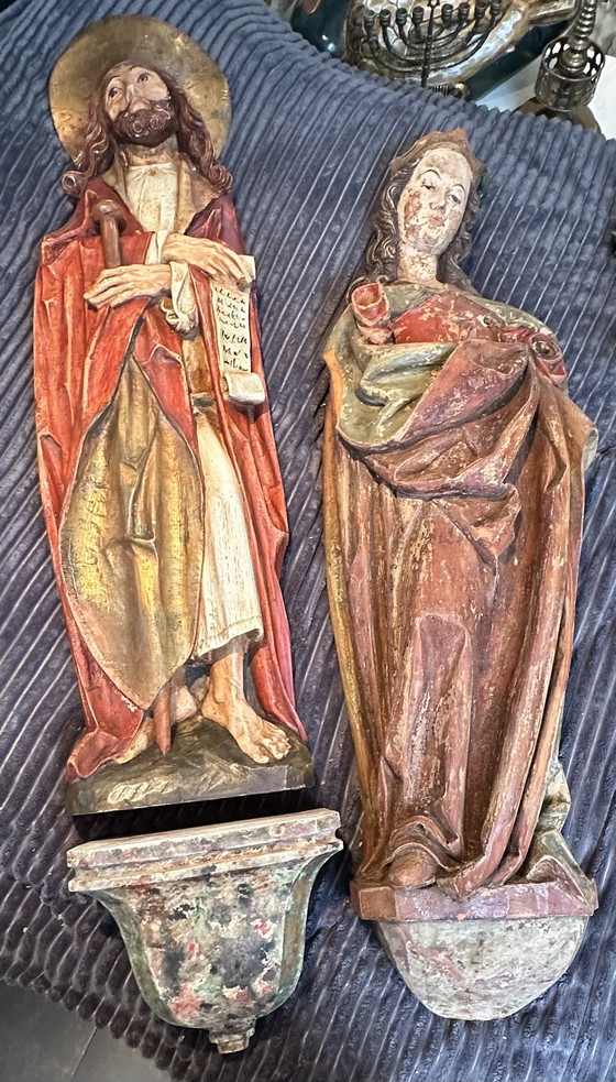 Image 1 of Statues d'église anciennes de style Riemenschneider, sculptures artisanales sur bois de Marie et Moïse